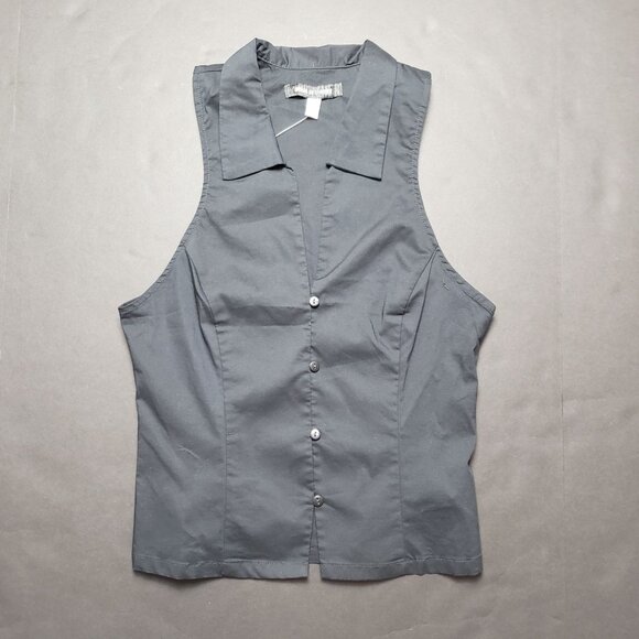 UO Party Girl Cotton-Blend Button Down Sleeveless Shirt Women's Small Jet Black - Picture 16 of 16